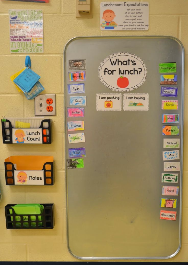 a bulletin board with magnets and pictures on the back wall in a school classroom