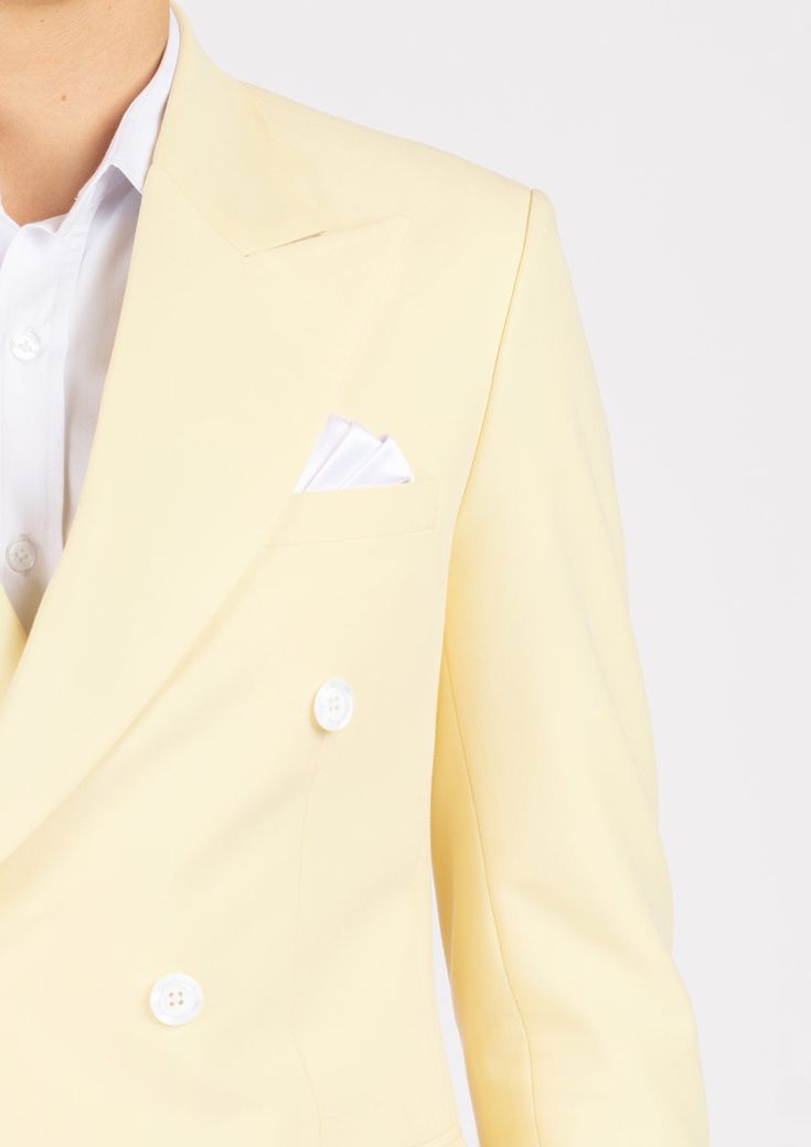 Look like royalty in the Waverly Cream Stretch Suit. Crafted with a vibrant, cream yellow stretch cotton, it's the perfect combination of style and comfort. Get ready to look your best while making a statement! Custom made for you. Make your move! Yellow Notch Lapel Elegant Suit, Elegant Yellow Suits With Notch Lapel, Elegant Yellow Notch Lapel Suits, Yellow Fitted Elegant Blazer, Fitted Elegant Yellow Blazer, Classic Yellow Suit For Work, Classic Yellow Suits For Work, Classic Fitted Yellow Sets, Classic Yellow Fitted Sets