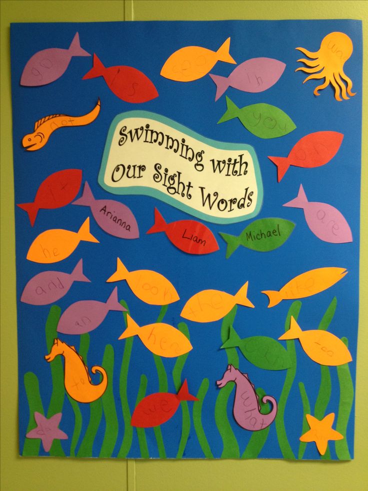 a bulletin board with an ocean theme and words written on the bottom, underneath it