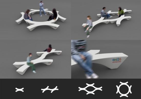 four different views of people sitting on benches with arrows pointing to the right and left