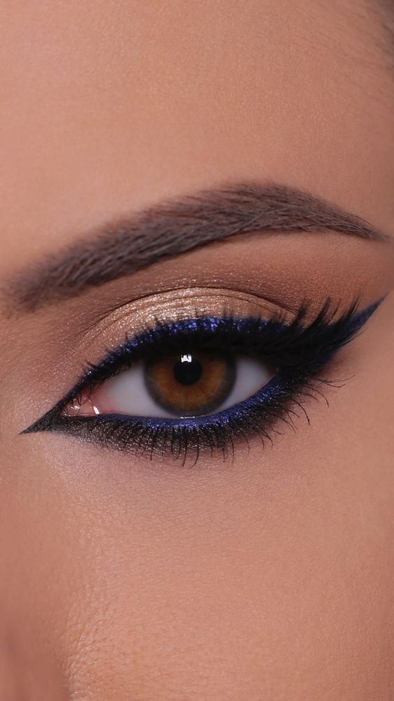 Eye Makeup Looks For Blue Dress, Makeup With Hint Of Blue, Navy Blue And Rose Gold Eye Makeup, Blue Black Eye Makeup, Purple Eyeliner Blue Eyes, Prom Eye Makeup For Brown Eyes, Black Gold And Blue Wedding, Makeup For Blue Dress Wedding, Eye Makeup For Navy Blue Dress