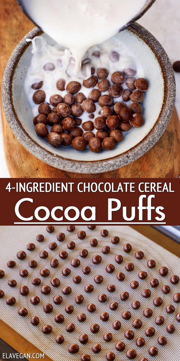 chocolate puffs being poured into a bowl with milk in it and then topped with whipped cream