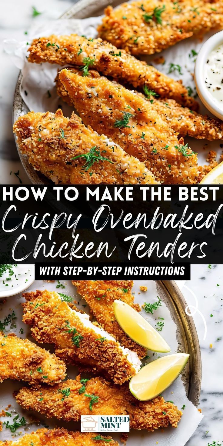 crispy oven fried chicken tenders with step - by - step instructions