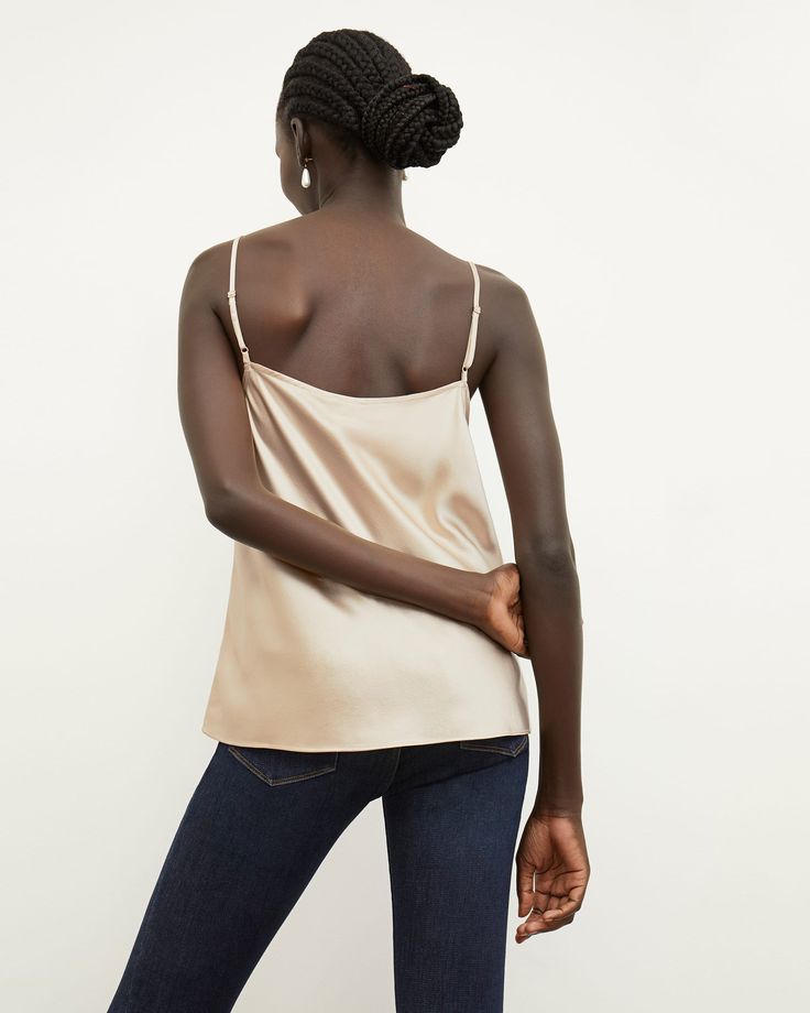 The Lisey Cami—Washable Silk Charmeuse - Champagne | M.M.LaFleur Silk Camisole With Built-in Bra, Silk Camisole With Built-in Bra And Spaghetti Straps, Elegant Satin Camisole With Built-in Bra, Evening Satin Camisole With Delicate Straps, Silk Camisole With Built-in Bra And Tank Straps, Sleek Satin Camisole With Spaghetti Straps, Elegant Evening Tank Top With Straps, Feminine Silk Camisole With Adjustable Straps, Chic Satin Tank Top With Adjustable Straps