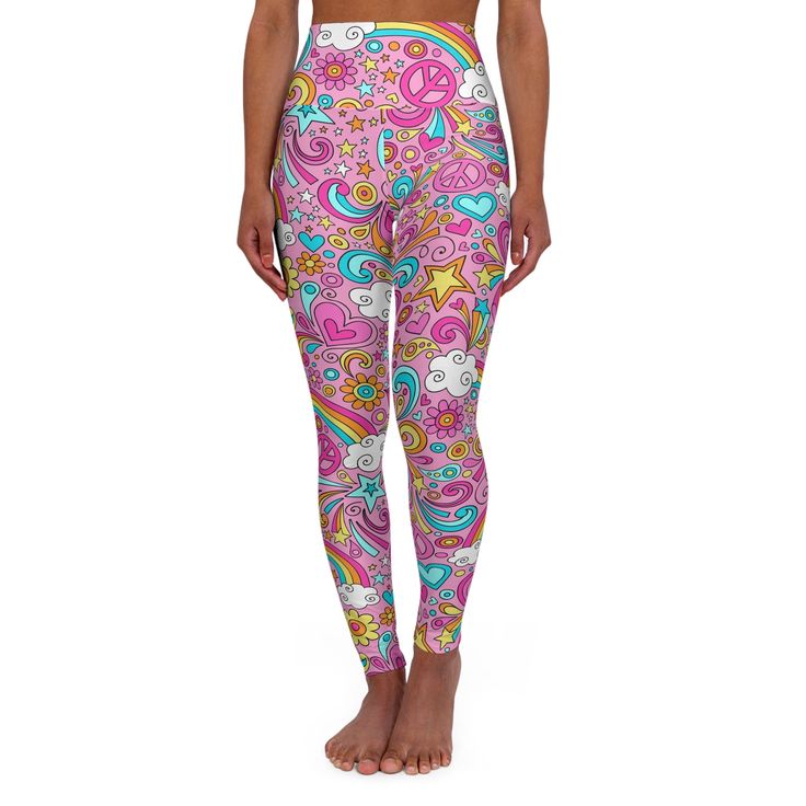 **The 70s are Back** Groovy vibes are in! Think psychedelic swirls, bold floral prints, peace, love and rainbows baby! These skinny fitting high-waisted yoga leggings will take you from workout to store run in comfort and groovy vibe style.  They are  custom designed with an all-over groovy print that adds an instant pop to any athleisure wardrobe. Note: Runs small, consider sizing up for best comfort and coverage! .: 83% Polyester, 17% Spandex .: Skinny fit .: Outside seam thread is color-matched to design .: Interior white seam thread .: Double layer waistband .: Assembled in the USA from globally sourced parts. Pattern is a Mobius Bloo unique custom design.  PLEASE NOTE: This item is custom designed and created, as they are ordered, and cannot be returned as they are created specificall Athleisure Wardrobe, Groovy Vibes, High Waisted Yoga Leggings, Bold Floral Print, Love Rainbow, Boutique Design, Rainbow Baby, Peace Love, Outfits With Leggings