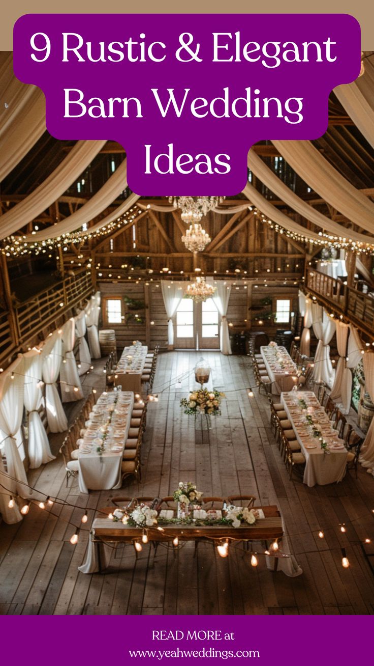 An elegantly decorated barn with rustic wedding decor, featuring charming DIY decorations, creative themes, for a perfect barn wedding. Fast Wedding Ideas, Wedding Farm Decor, Wedding Farm Ideas, Cute Rustic Wedding Ideas, Fairytale Country Wedding, Diy Wedding Venues, Rustic Charm Wedding, Farm Venue Ideas, Diy Barn Wedding Ideas