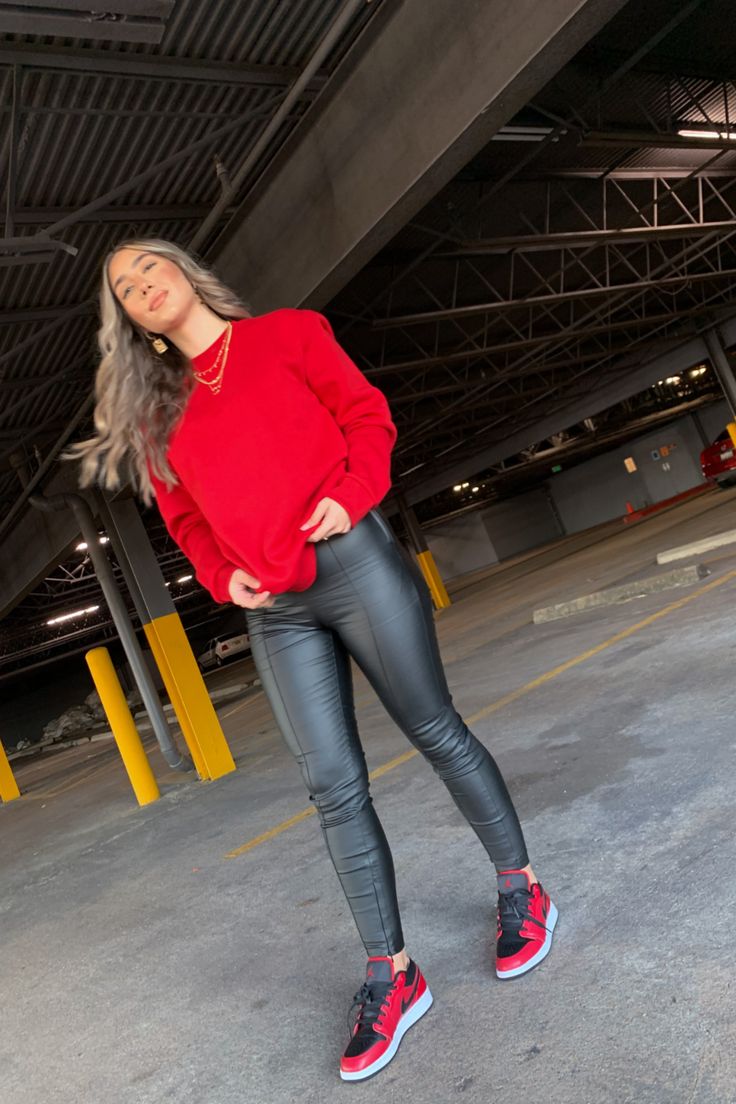 Black And Red Air Jordans Outfit, Red Sneakers Outfit 2023, Air Jordan 1 Low Outfit Women Red, Leather Leggings Jordans Outfit, Red And Black Sneakers Outfits, Black Red Jordan 1 Outfit Women, Red And Black Nike Outfit, Red And Black Nikes Outfit, Red Black Jordans Outfit