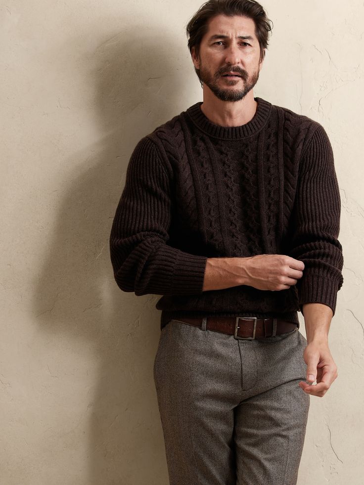 Artfully crafted from a rare reverse cable technique, this lofty sweater is knitted from luxurious Italian wool with a classic crew-neck silhouette.  Perfect for cabin mornings and brisk mountain excursions.  FROM ITALY'S FILPUCCI MILL: Fueled by a t Sweater Wedding Outfit Men, Fall Outfits Men Autumn Sweaters, Navy And Brown Outfit Men, Mens Brown Sweater Outfit, Brown Textured Knit Merino Wool Sweater, Brown Textured Knit Wool Sweater, Brown Merino Wool Crew Neck Sweater, Brown Cable Knit Crew Neck Sweater, Brown Merino Wool Cable Knit Sweater