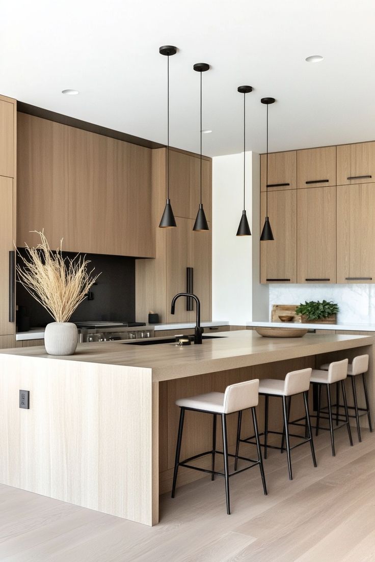 a large kitchen with wooden cabinets and white counter tops, along with bar stools