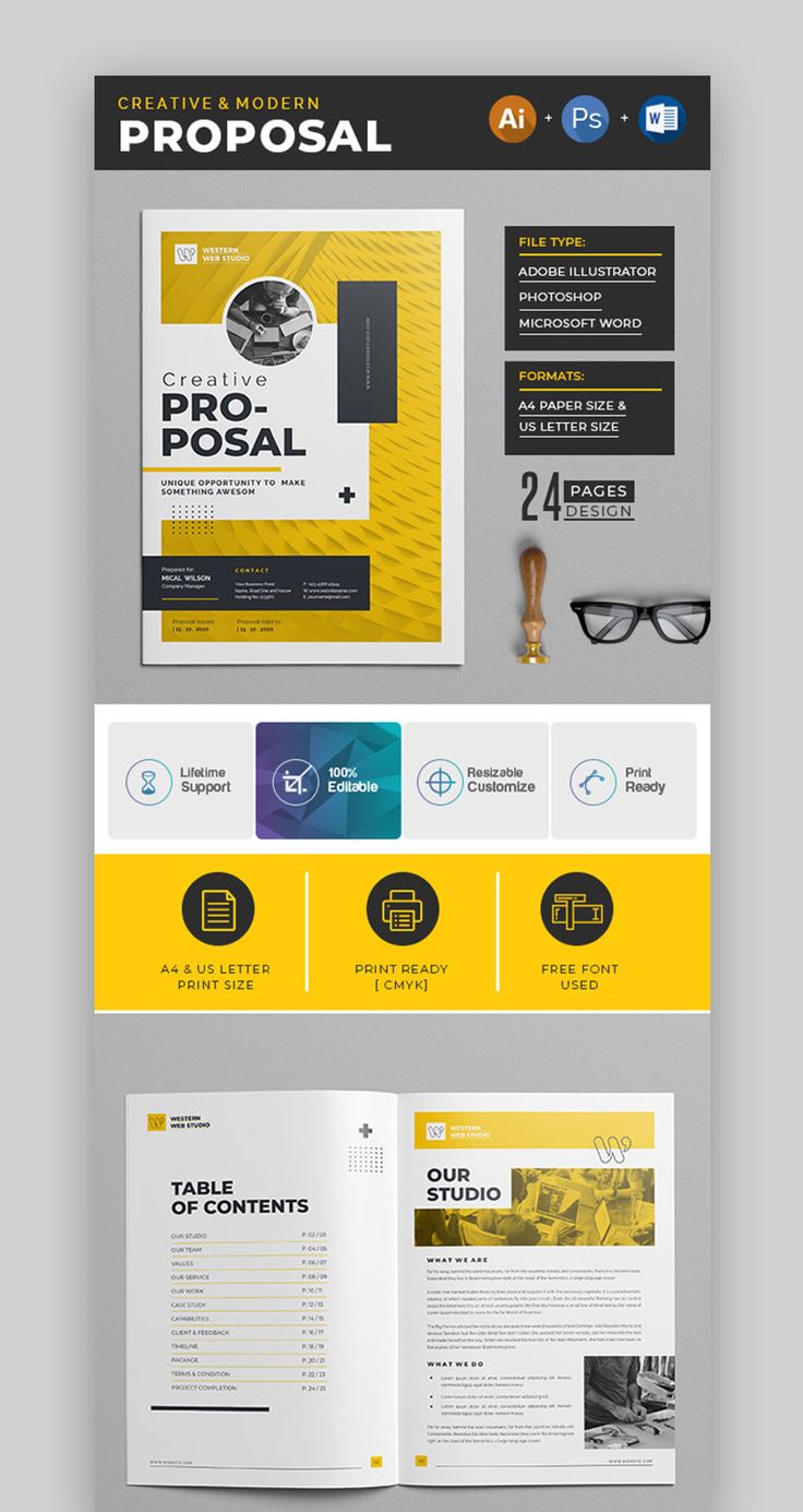 an open brochure with yellow and black accents on the front, side and back