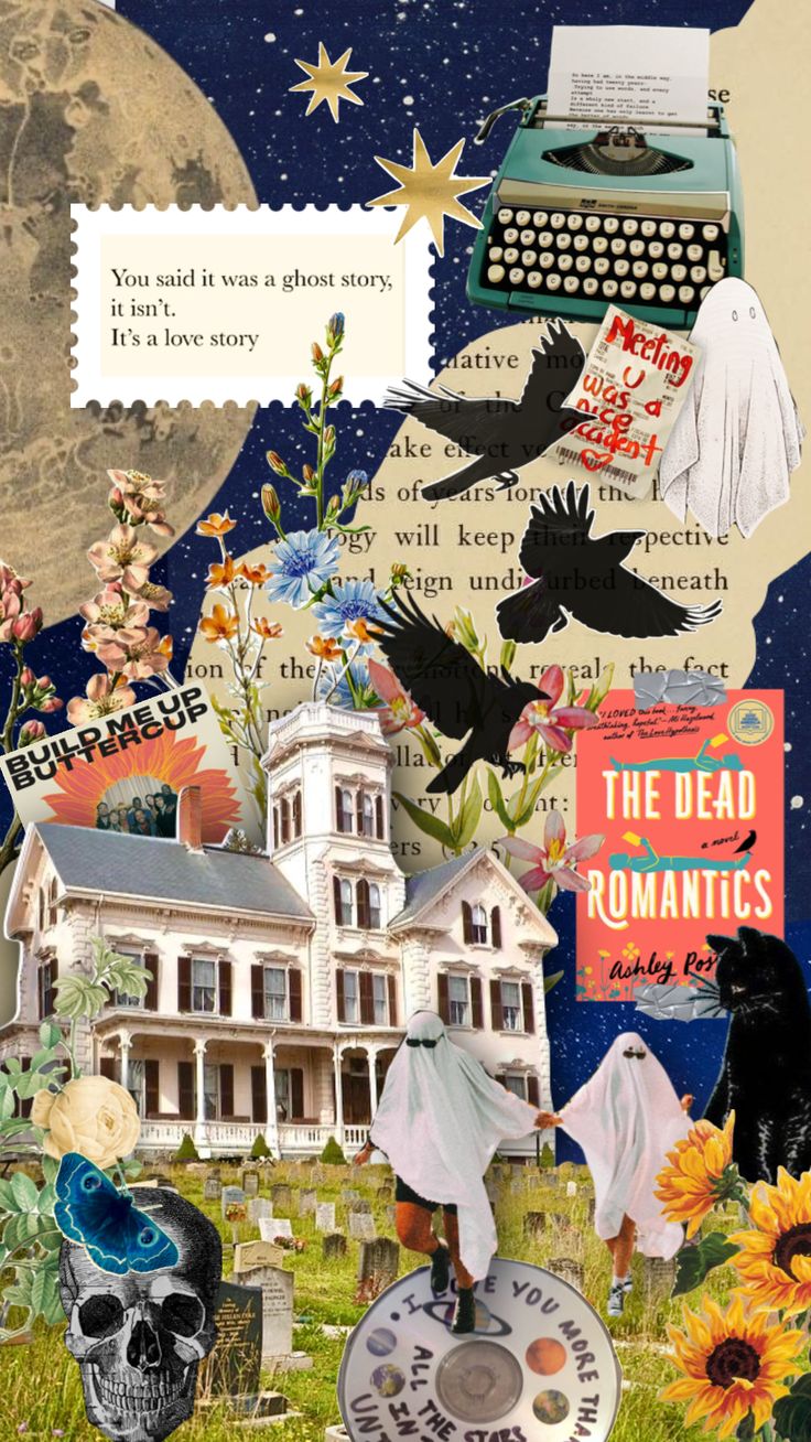 altered collage with images and words about the dead romantics, including an old typewriter