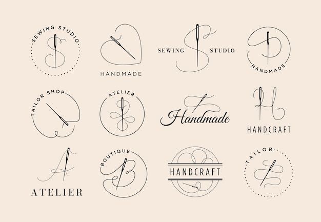 the logos for handcrafting and sewing studio are drawn in black ink on a white background