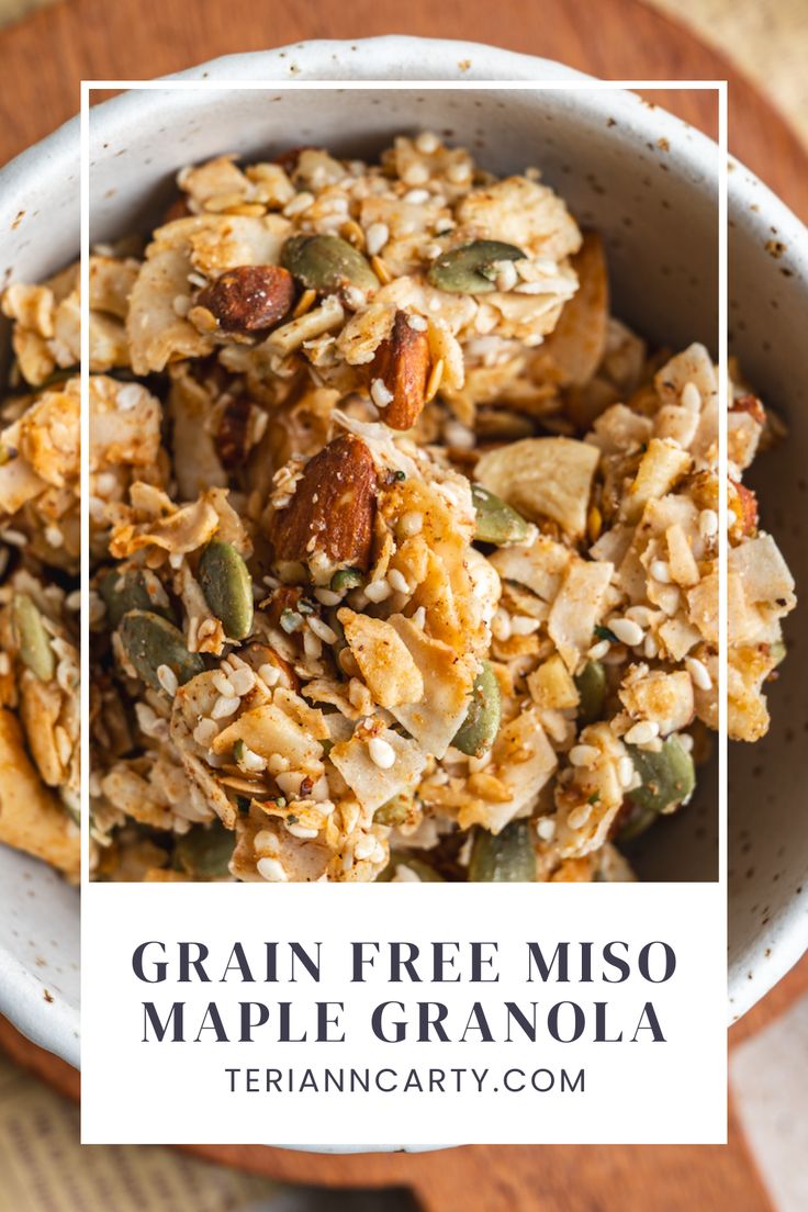 granola in a bowl with text overlay that reads grain free miso maple granola