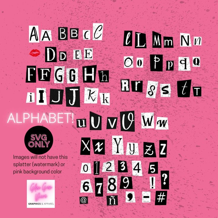 the alphabet is made up of black and white letters on a pink background with red lips