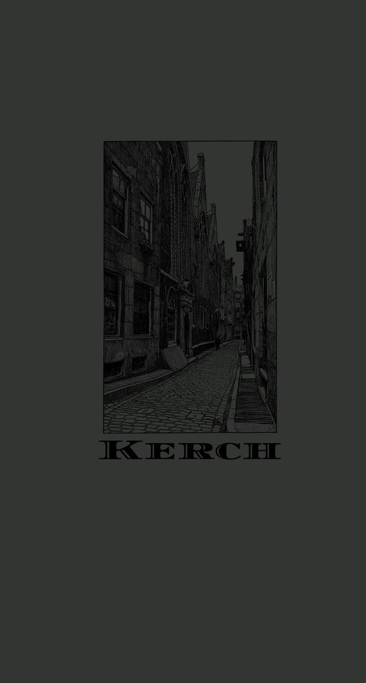 an image of a city street with the words kerch in black and white on it