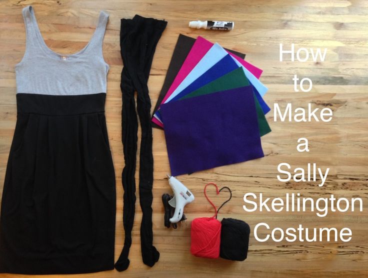 the contents of a costume laid out on a wooden floor with text overlay that reads how to make a sally skellington costume