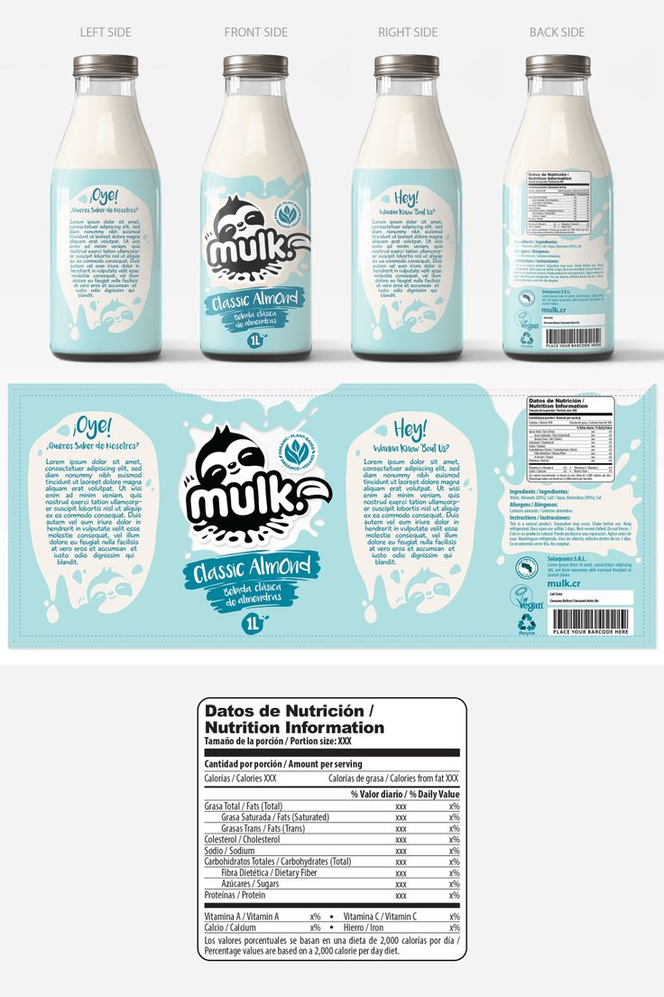 three bottles of milk with labels on the front and back, all labeled in blue