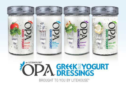 three jars of yogurt with the words opa written on them in black and white