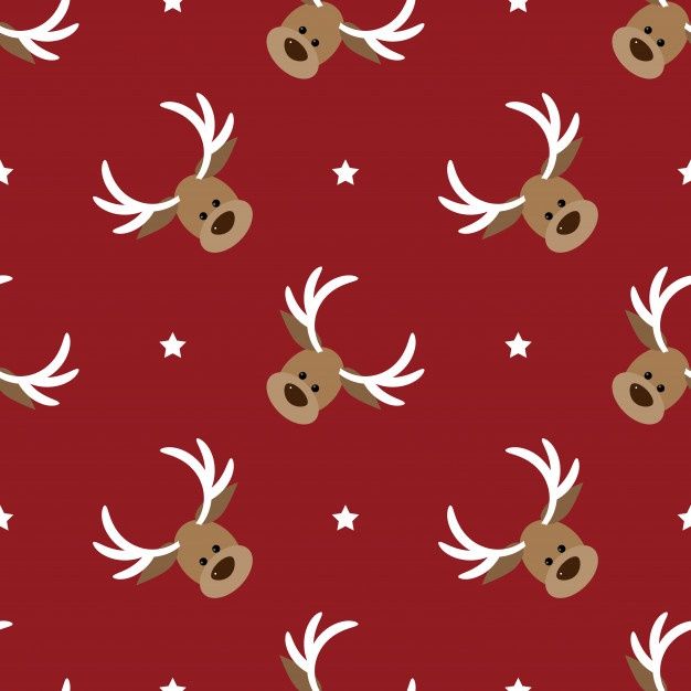 a red background with reindeer heads and stars