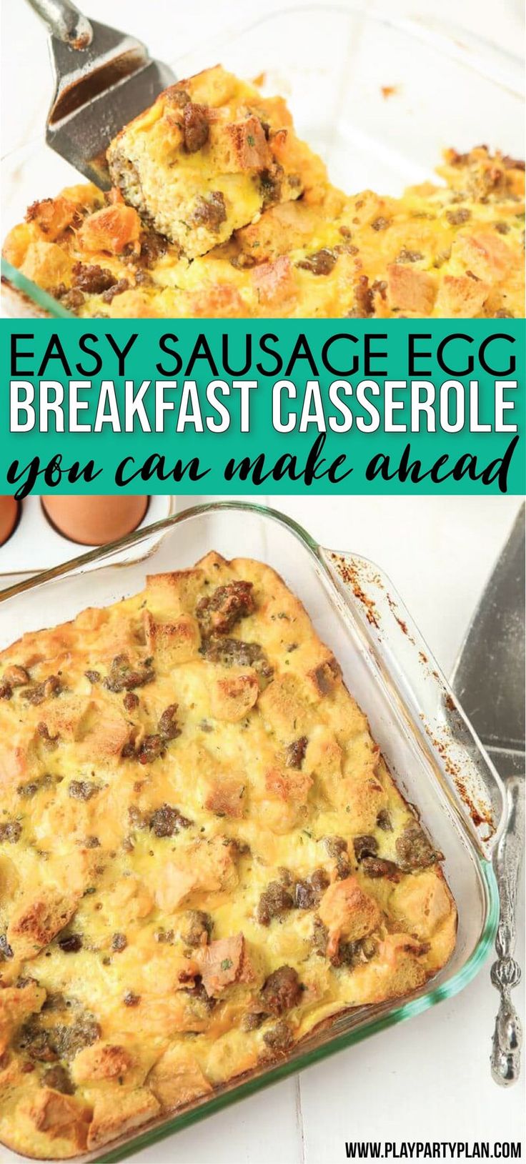 an easy sausage egg breakfast casserole in a glass baking dish