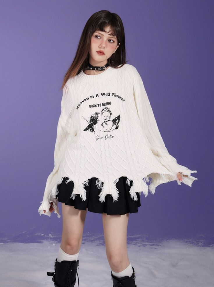 ❤Sweet Cool Milk White Angel Print Damaged Knit❤ Angel Print, White Angel, Milky White, Loose Sweater, Punk Fashion, Skirt Pants, Pullover Sweater, Pullover Sweaters, Street Style