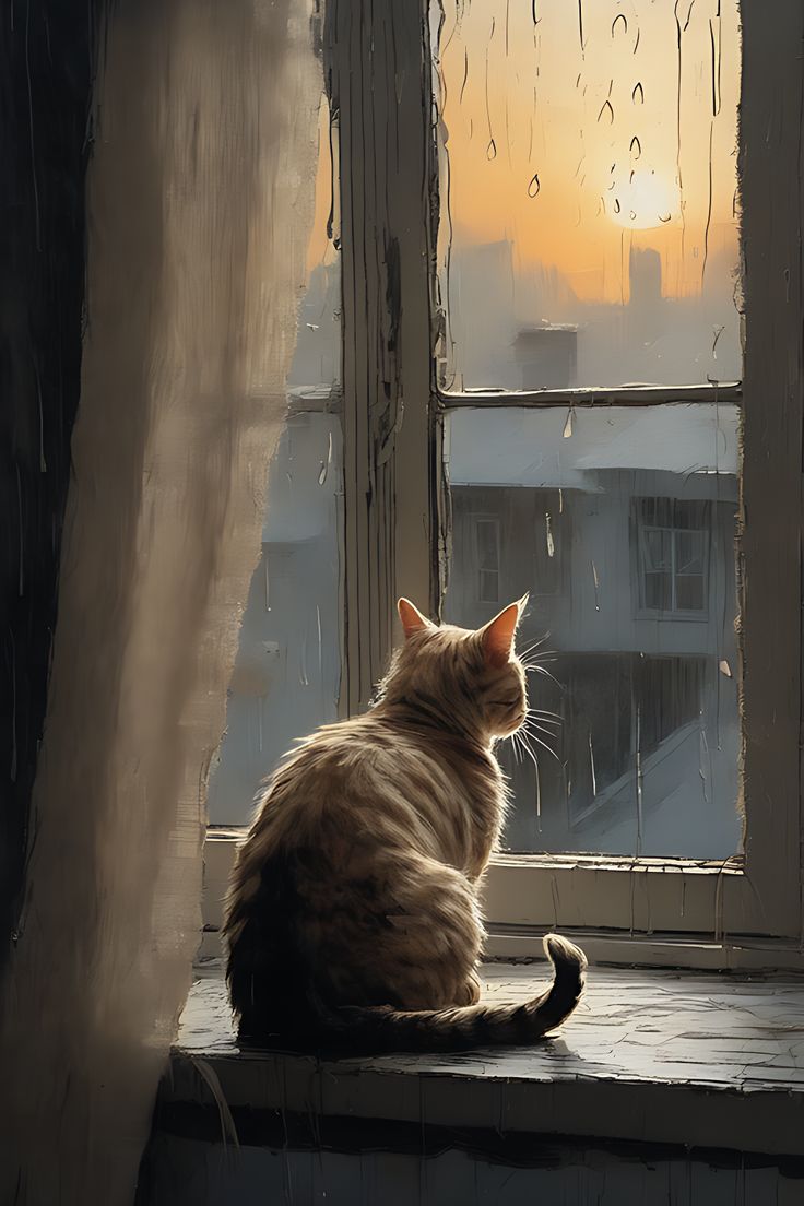 A cat sitting in front of the window staring at the window in the rain Cat Staring Out Window, Looking Out A Window Painting, Cat Looking Through Window, Cat Looking Out Window Painting, Rain Window Painting, Rain On Window Painting, Cat Window Painting, Windowsill Seat, Window Sill Painting