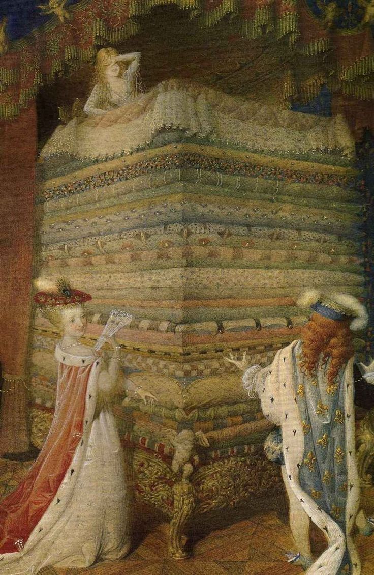 a painting of two people standing in front of a large pile of fabric and cloth