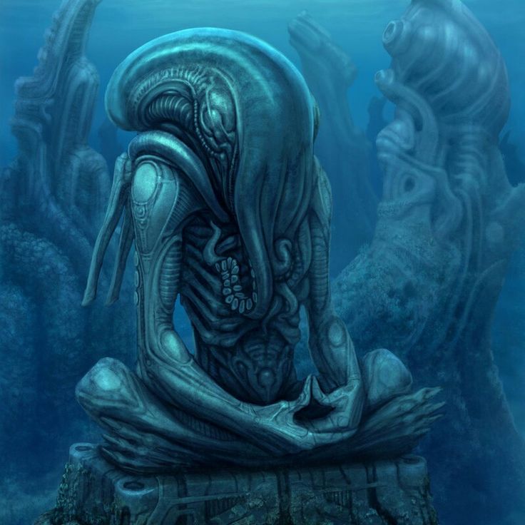 an alien sitting on top of a rock in the ocean next to some other creatures