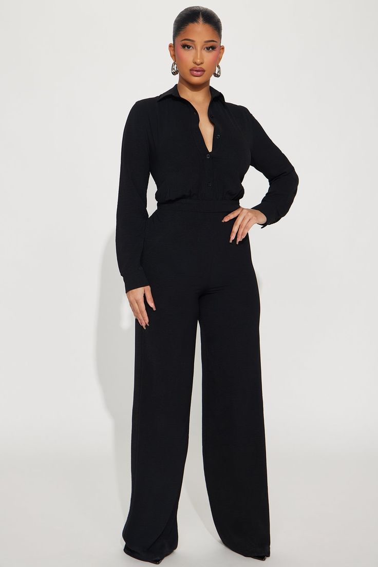 Available In Black, Mocha, And Chartreuse. Jumpsuit Collar Long Sleeve Button Up Wide Leg Non Stretch Inseam= 34" 100% Polyester Imported | Makenzie Jumpsuit in Black size XS by Fashion Nova Business Professional Jumpsuit, Wide Leg Jumpsuit Outfit Casual, Sleek V-neck Jumpsuits And Rompers For Work, 2024 Birthday Outfits, Long Sleeve Pantsuit With Button Closure For Office, Sleek Solid Color Bodysuit For Workwear, Black Long Sleeve Jumpsuit With Button Closure, V-neck Bodysuit For Workwear, Solid V-neck Bodysuit For Work