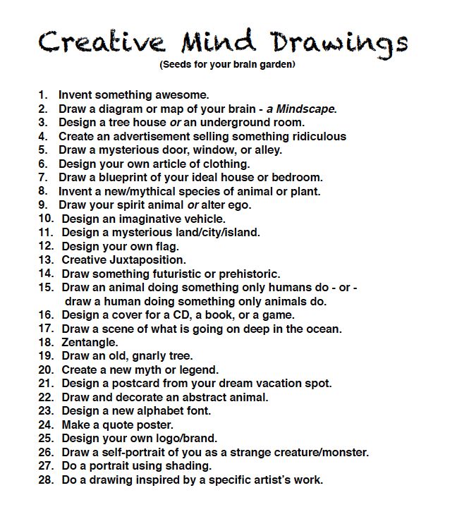 a black and white poster with the words creative mind drawings written in different font styles