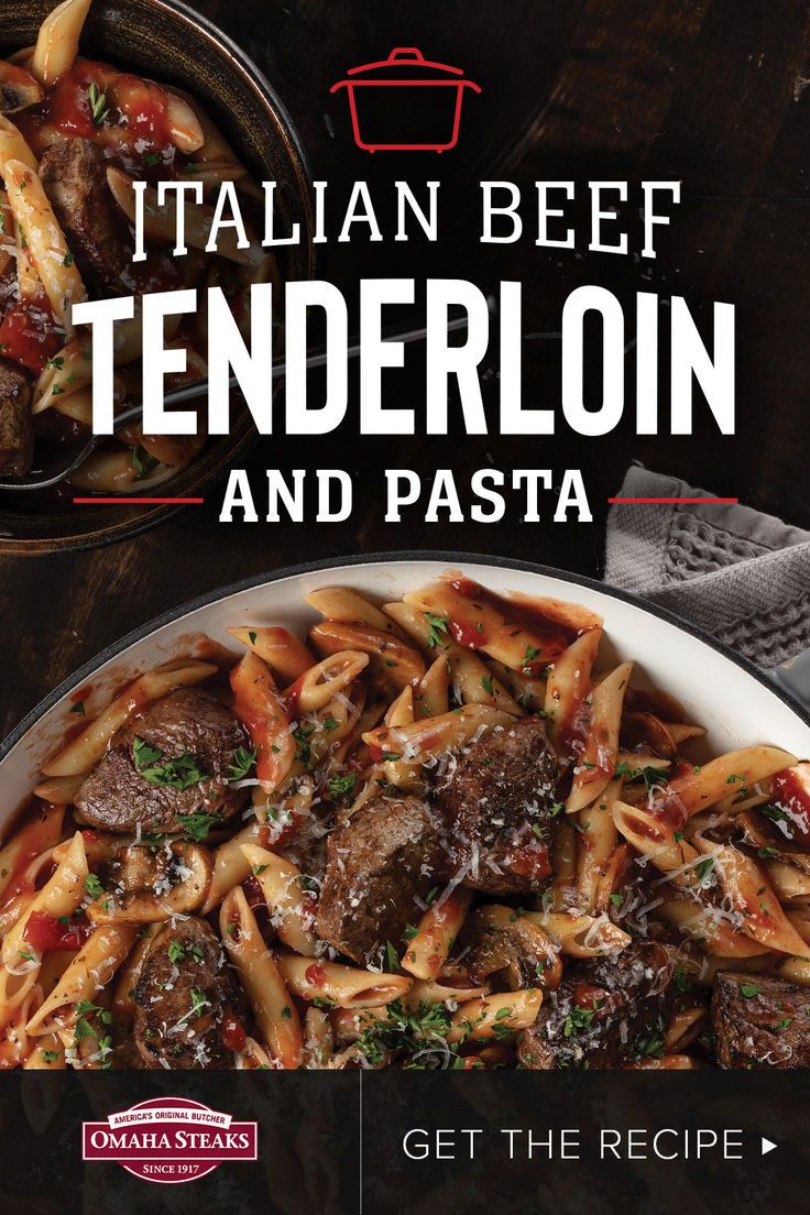 Italian Beef tenderloin and pasta Tenderloin Tips Recipe, Tenderloin Tips, Mostaccioli Pasta, Meal Ideas For Dinner, Whole Beef Tenderloin, Party Food For A Crowd, Easy Comfort Food Recipes, Beef Tenderloin Recipes, Omaha Steaks