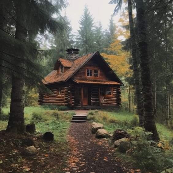 a log cabin in the woods with steps leading up to it and trees around it