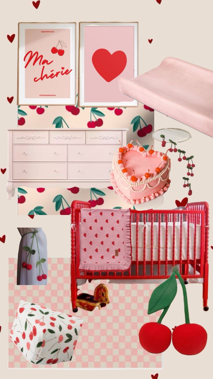 a baby's room with cherries on the wall