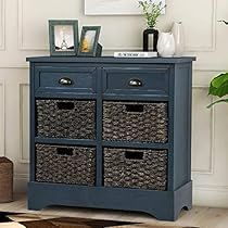 a blue cabinet with wicker baskets in front of it and pictures on the wall