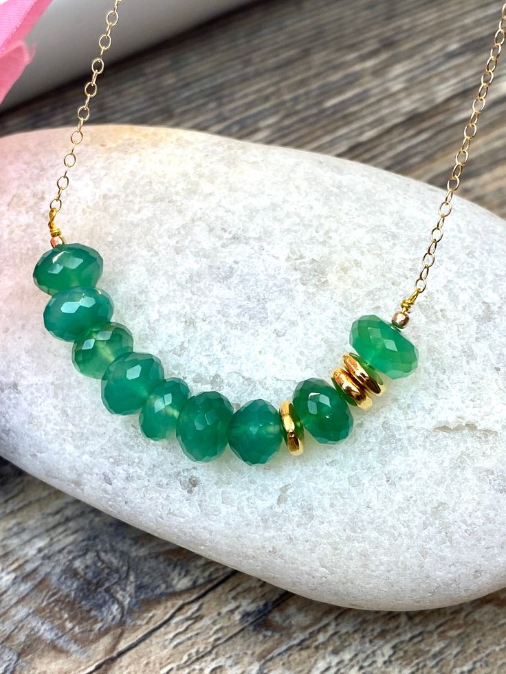 Gold filled Necklace with Emerald green onyx gemstones beads, love gift, Valentine's Day gift, mom gift, birthday gift * Gold filled chain: small oval links made from flattened wire shine as they catch the light. * 8mm Natural Emerald green onyx ( light- medium color ) Emerald green onyx is the birthstone of May. the symbol of love, hope and harmony Beautiful rich color. Great price!! Beautiful quality My jewelry will be wrapped in a beautiful gift box ready to gift. Please visitor my entire sto Green Onyx Necklace With Faceted Beads, Green Gemstone Bead Necklaces For May Birthstone, Handmade May Birthstone Necklaces With Round Beads, Green Gemstone Beads Necklace For May Birthstone, Handmade Necklaces With May Birthstone Round Beads, Handmade Necklaces With Round Beads For May Birthstone, Everyday Green Round Bead Necklaces, Green Birthstone Necklaces For Jewelry Making, Green Gemstone Birthstone Necklace Gift