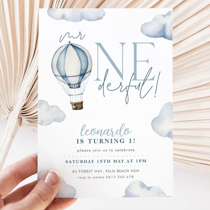 Mr ONEderful Hot Air Ballon Boy 1st Birthday Blue Air Balloon Invitation, First Birthday Decorations Boy, Balloon Birthday Themes, Hot Air Balloon Invitation, Mr Onederful Birthday, Mr Onederful, Hot Air Balloon Party, Balloon Invitation, Baby Boy First Birthday