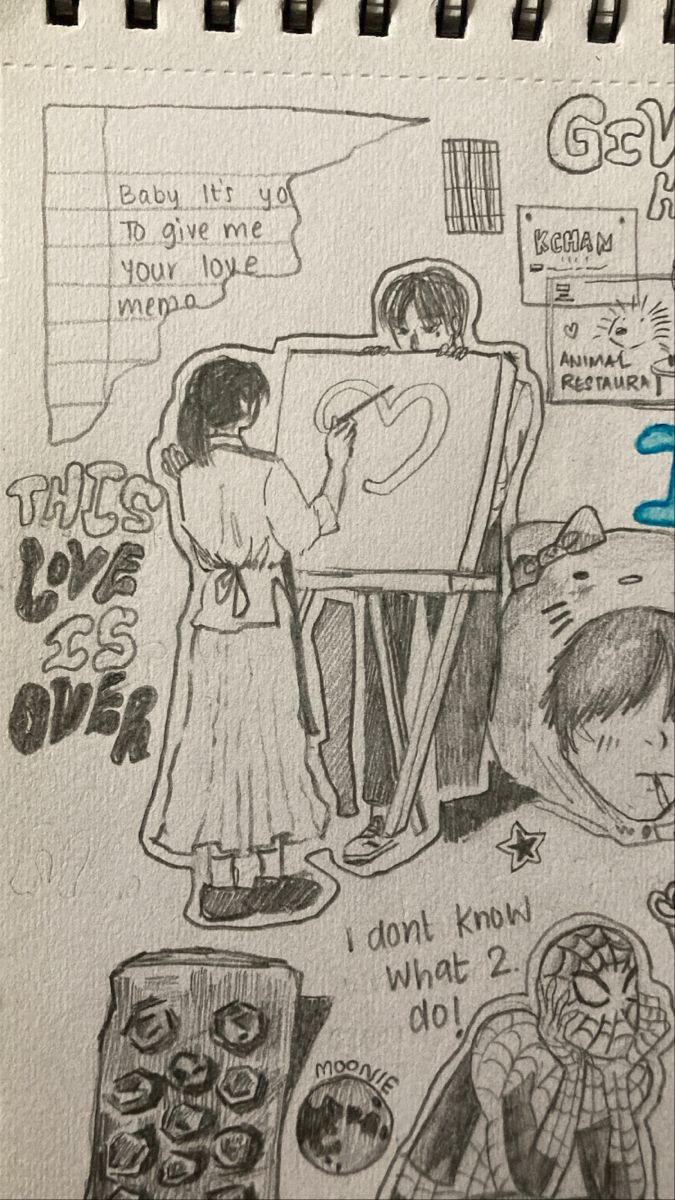 a drawing of two people in front of a easel with words written on it