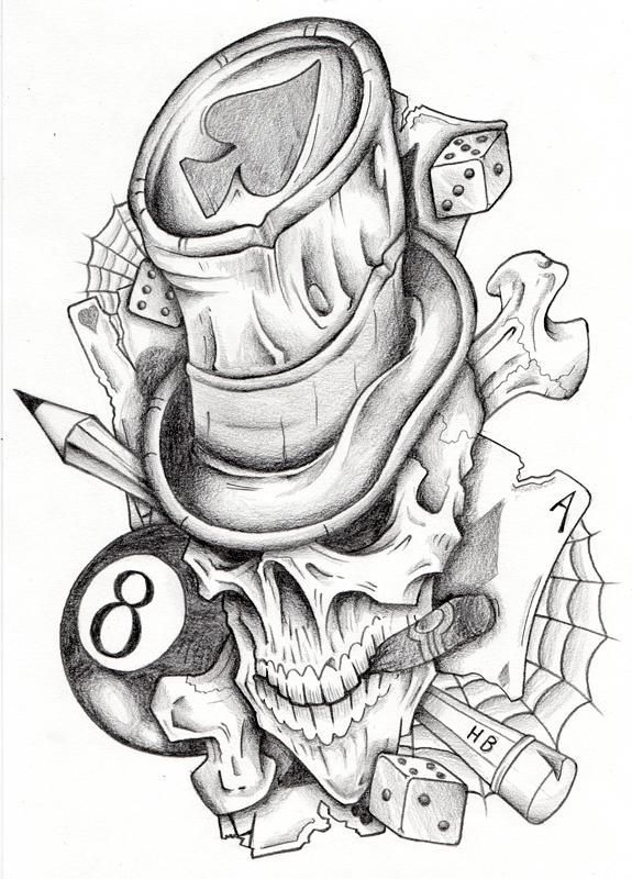 a pencil drawing of a skull with a hat on it's head and some dice