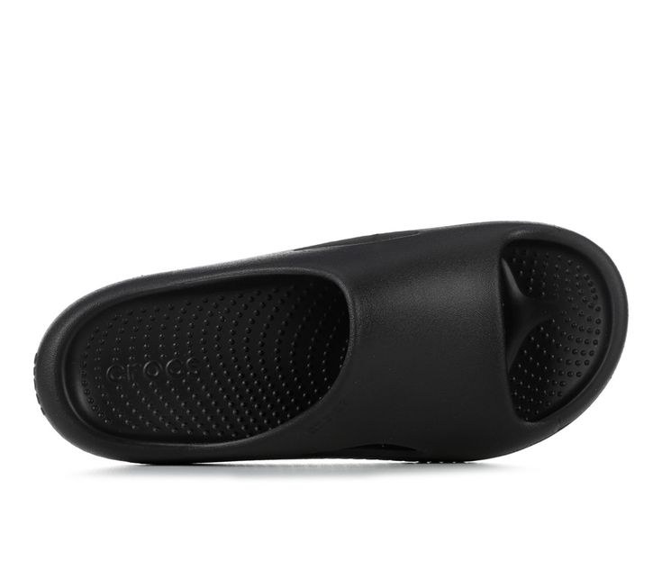 Soft LiteRide™ foam construction, Easy slip-on entry, Open round toe, Cupped footbed cradles feet, Durable outsole, Crocs™ branding details | Adults' Crocs Mellow Slide Sandals in Black Size Men's 3 / Women's 5 Black Non-slip Sandals With Ergonomic Design, Black Ergonomic Non-slip Sandals, Ergonomic Black Slip-resistant Sandals, Slip-on Slip-resistant Foam Slides, Slip-resistant Foam Slip-on Sandals, Slip-resistant Foam Slip-on Slides, Black Foam Slides With Cushioned Footbed, Black Slip-resistant Sport Sandals With Round Toe, Functional Non-slip Slides With Round Toe