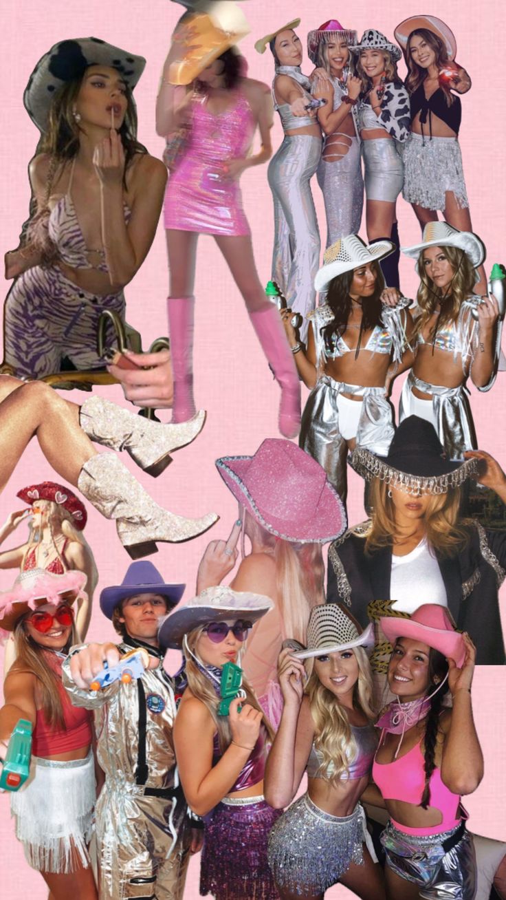 collage of women dressed up in disco outfits and hats, all posing for the camera