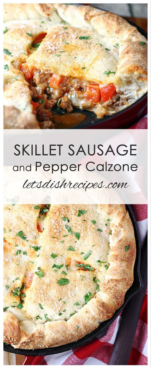 skillet sausage and pepperoni pie in a cast iron skillet with text overlay