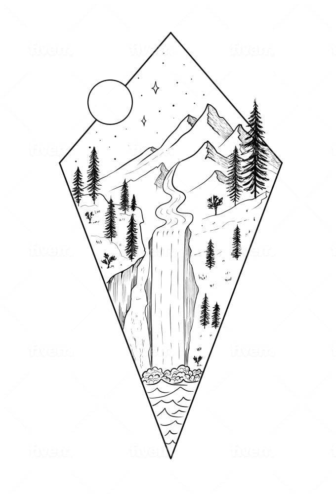 a mountain landscape with trees and mountains in the background, drawn by hand on white paper