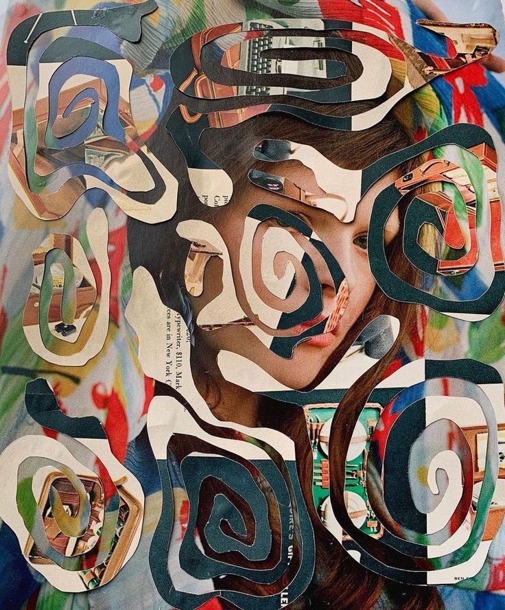 a collage of various shapes and sizes on a piece of paper that has been altered to look like a woman's face