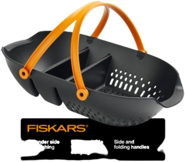 the fiskars basket has two handles and is black with an orange handle on it