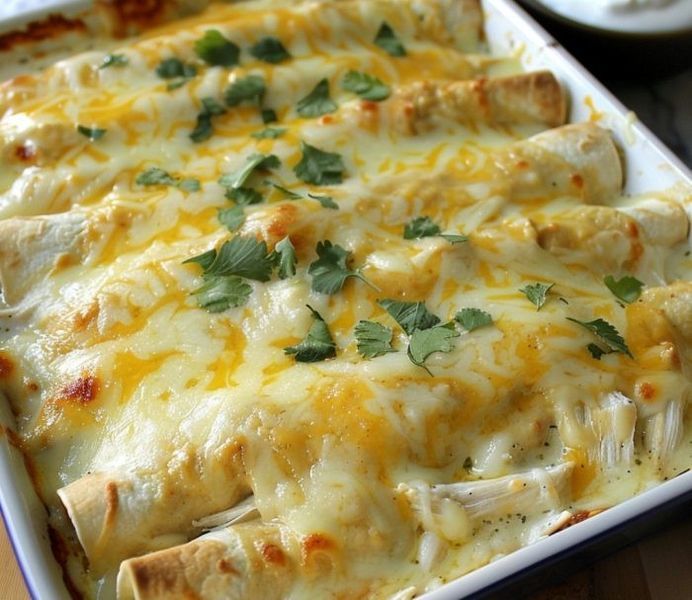 a casserole dish with chicken, cheese and parsley in it on a wooden table