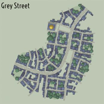 a map of grey street with lots of buildings and trees on it's sides