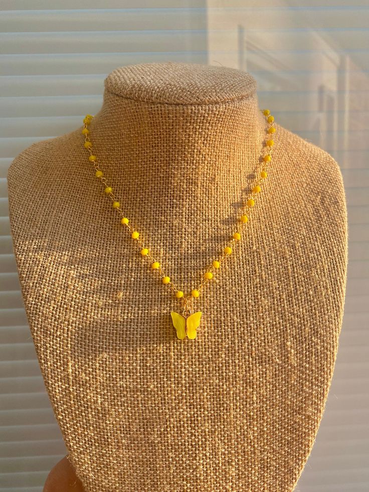 These butterfly necklaces are on beaded chains with 18K Gold Plated findings! Choose your color in the drop down menu 🦋 Yellow Necklaces With Dangling Beads For Gift, Gift Yellow Necklaces With Dangling Beads, Yellow Necklaces With Dangling Beads As Gift, Yellow Beaded Dangle Necklaces, Gold Beaded Butterfly Necklace Perfect As Gift, Butterfly Shaped Beaded Chain Jewelry Gift, Butterfly Shaped Beaded Chain Jewelry For Gifts, Butterfly Charm Necklace With Round Beads For Gift, Butterfly Charm Necklaces With Round Beads For Gifts