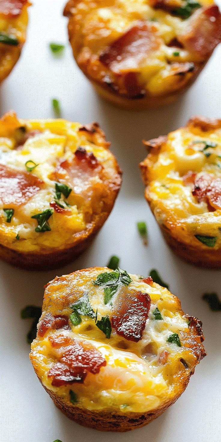 mini quiches with bacon, cheese and green onions on a white tray lined up