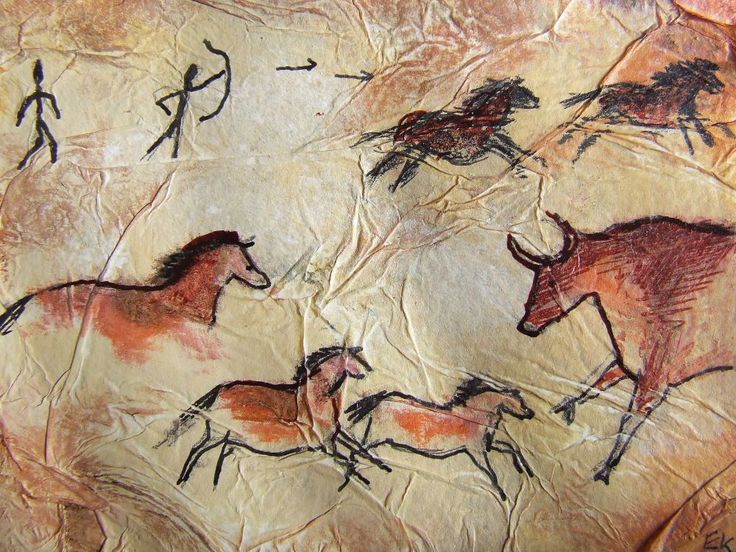 some animals and people are depicted in this rock painting