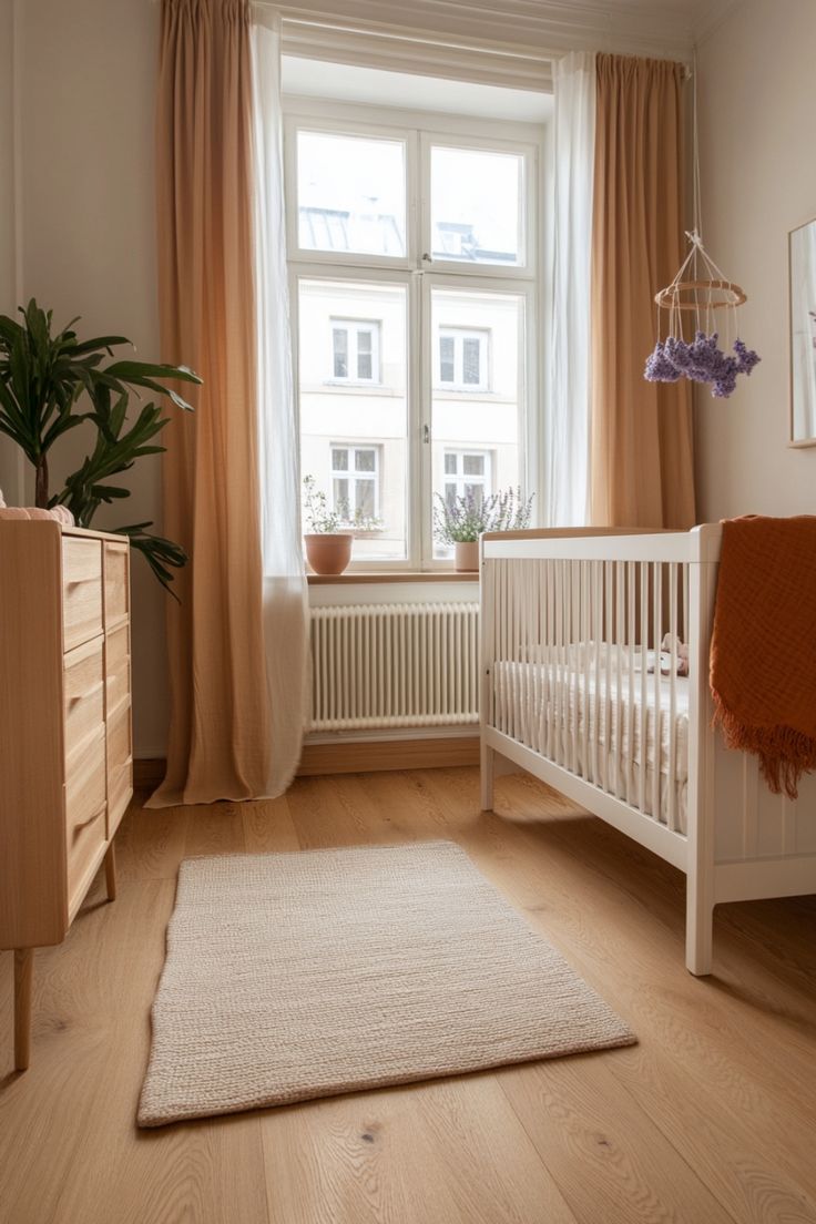 a white crib in front of a large window